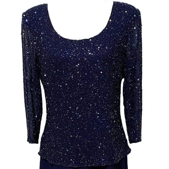 Laurence Kazar Beaded Top Maxi Dress L Navy Blue - Picture 2 of 9